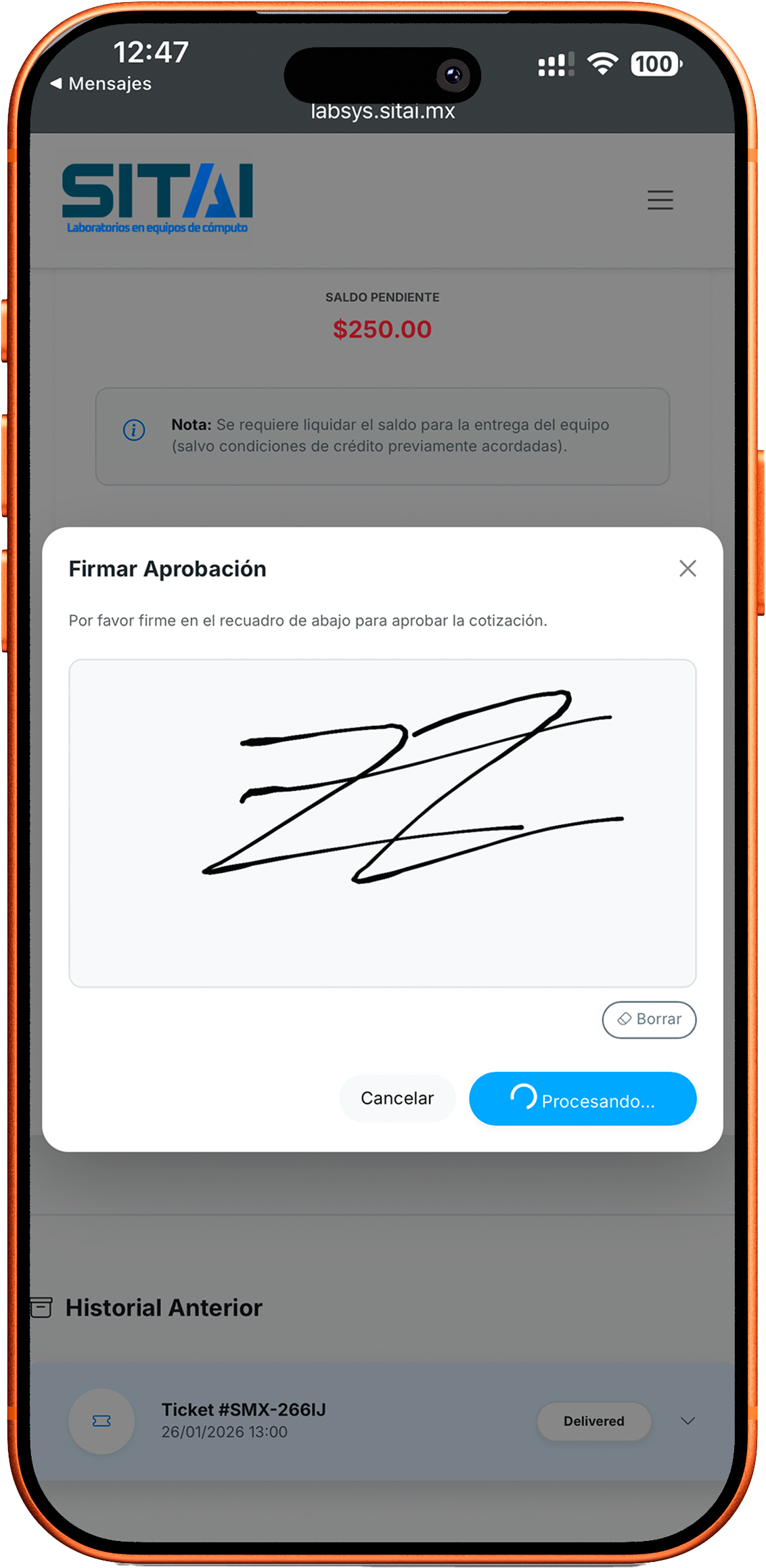 iPhone mostrando firma de aprobación